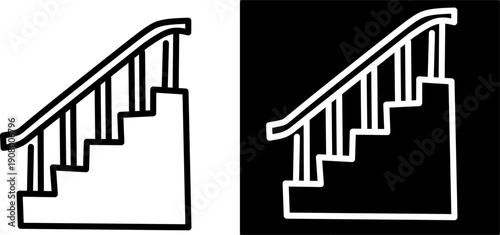Minimal black and white staircase icon set with positive and negative versions, simple steps and handrail symbol for navigation, progress, and design use