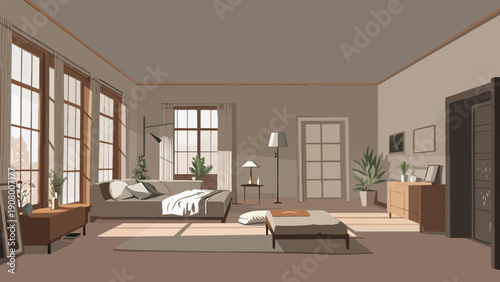 Modern open-plan living and sleeping space interior illustration, Scandinavian style, minimalist design, natural light.