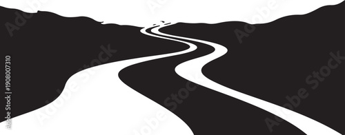 Winding road through black and white landscape hills scenery