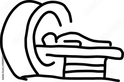 Minimal line icon of MRI scanner with patient lying on table, black outline illustration representing magnetic resonance imaging, radiology, and medical diagnostics