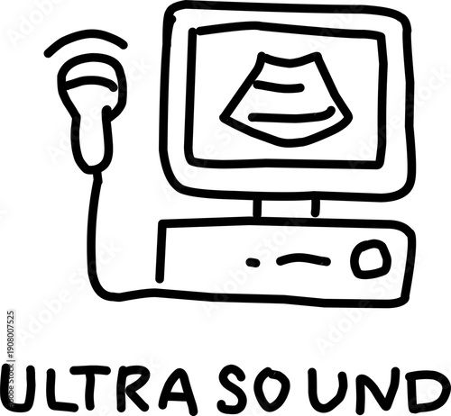 Minimal line icon of ultrasound machine with probe and monitor displaying scan image, black outline illustration for medical imaging, diagnostics, and healthcare use