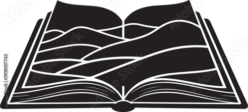Open Book with Wavy Lines Illustration in Black White