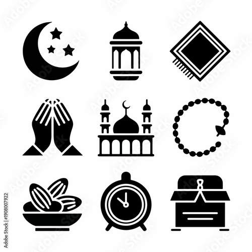Islamic Iconography: A collection of meticulously crafted icons embodies the core symbols associated with the Islamic faith, including the crescent moon, stars, mosque, and prayer beads.