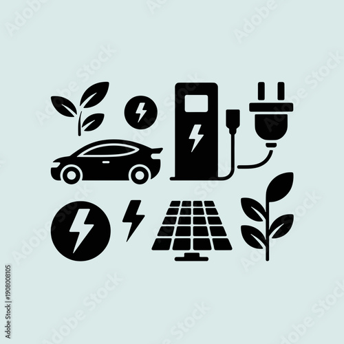 Eco-Friendly Energy Concept: A collection of symbolic graphics showcasing a sustainable approach to transportation and energy, featuring a car, solar panel, charging station, and lightning bolts.
