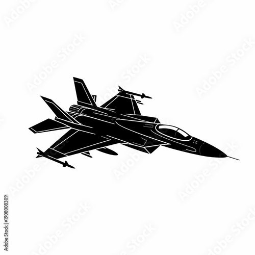 Stealth Jet Silhouette: A sleek, stealth jet aircraft is silhouetted against a plain backdrop, showcasing its angular design and weapon systems in a dynamic profile.