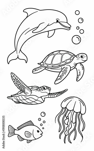 Ocean Life's Delight: A monochromatic illustration captures the grace and beauty of marine creatures, showcasing a playful dolphin, serene sea turtle, and other life forms