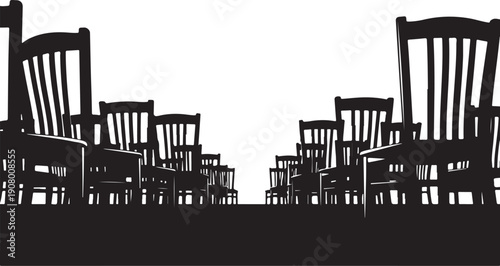 Silhouette of multiple wooden chairs in a row setting