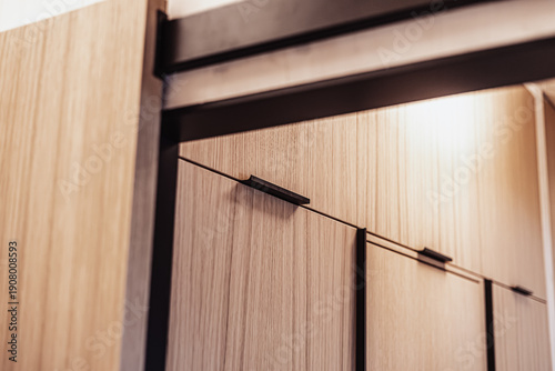 Принти на полотні A close-up view of sleek vertical wood cabinets featuring modern black handles a