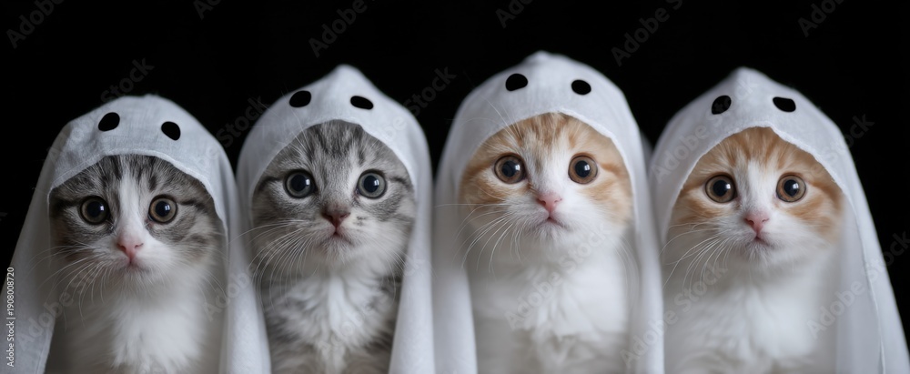 Naklejka premium Charming kittens in cute ghost outfits excited for festive Halloween celebrations
