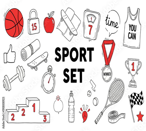 A colorful hand drawn illustration depicting various sports equipment and motivational elements high quality professional detailed