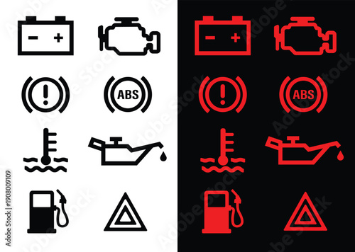 Red and black car dashboard warning signs flat icon, set such as low battery, engine problem, pulled up handbrake, engine overheating and out of fuel, vector eps 10.