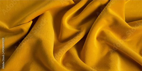 Luxury golden silk fabric background with smooth satin texture and elegant wavy drapery creates a shiny soft material backdrop for fashion decoration