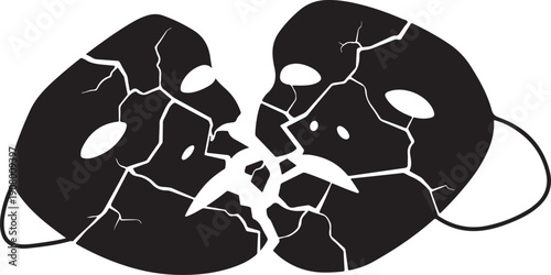 Broken theater masks with cracked faces and white background