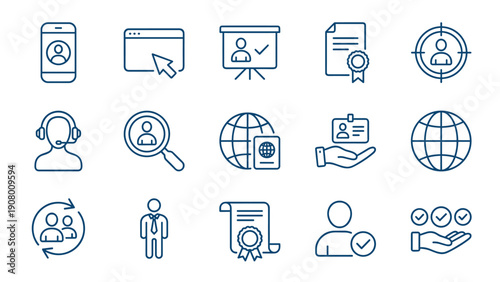 Collection of human resources, customer service, and business line icons, featuring user search, ID, certificate, target, and global network symbols, vector graphics.