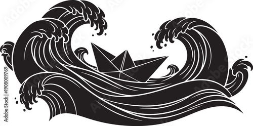 Paper Boat Riding Ocean Waves in Black and White