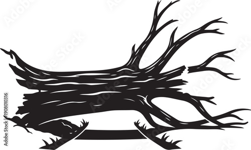 Black silhouette of a tree stump with branches isolated