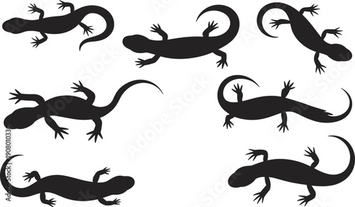 Flat vector illustration of seven lizard silhouettes in varied poses, tail curves, limb positions, reptile design, animal outline, motion
