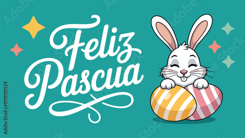 Feliz pascua easter greeting illustration with cute bunny holding decorated egg on teal background for spring holiday celebration and festive design use