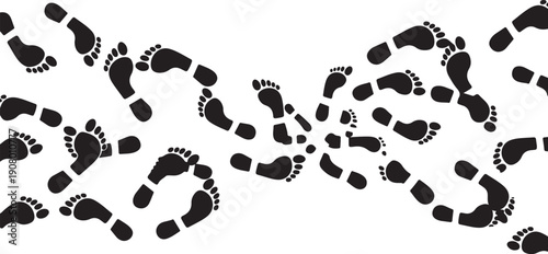 Footprints in various directions on white background illustration