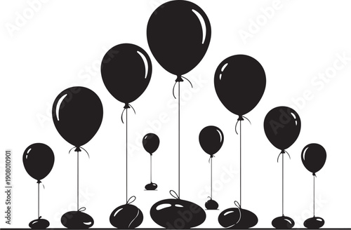 Black Balloons Floating in Air on White Background Illustration
