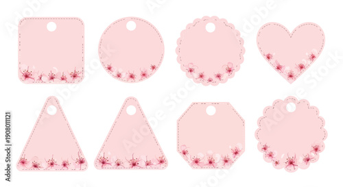 Collection of eight beautiful pink blank gift tags featuring delicate watercolor cherry blossom accents along the bottom edge perfect for various seasonal occasions