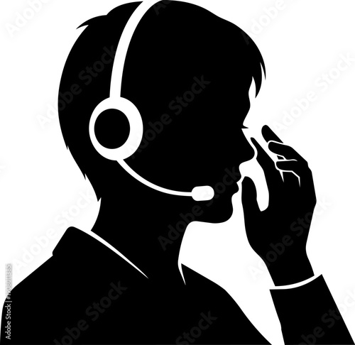 Black and white headset agent silhouette vector design showing person adjusting headset support.