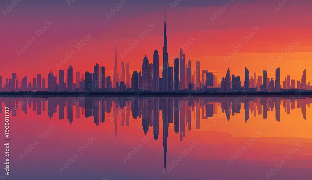 Fototapeta premium Vibrant Sunset City Skyline Reflection Resembling a Sound Wave, Featuring Iconic Skyscraper Silhouette.
