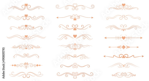 Collection of elegant rose gold antique style horizontal flourishes and decorative dividers featuring heart motifs perfect for wedding invitations or elegant design projects.