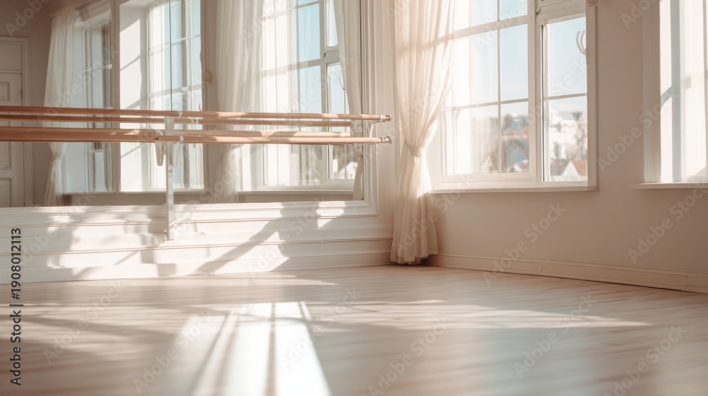 Fototapeta premium Bright ballet studio with wooden barre and large windows for natural light