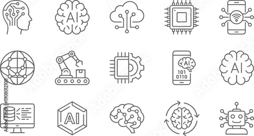 Collection of Artificial Intelligence (AI) and technology line icons, featuring brain, cloud computing, processor chip, robot, and global network, vector graphics.