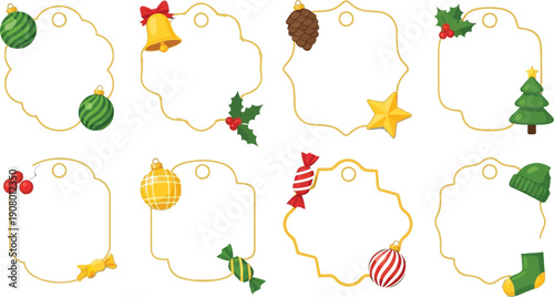 Set of eight beautifully designed blank Christmas gift tags featuring assorted festive decorations like ornaments bells pinecones holly stars and holiday candies for seasonal labeling needs