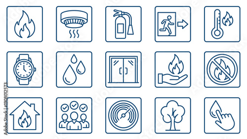 Collection of fire safety, prevention, and emergency line icons, featuring flame, extinguisher, smoke detector, exit sign, and water symbols, vector graphics.