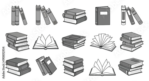 Collection of black and white vector illustrations depicting various arrangements of closed and open books stacked, leaning, and spread for reading and study purposes