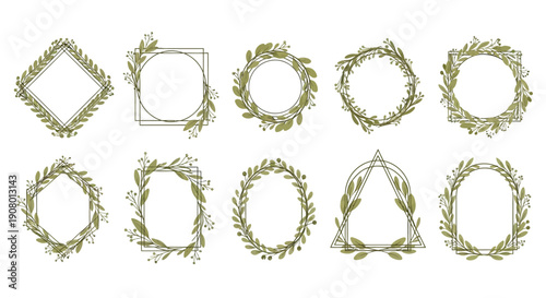 A beautiful collection of ten elegant geometric wedding invitation borders adorned with delicate olive green watercolor foliage and subtle leafy accents for natural design projects