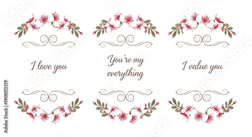 Delicate watercolor cherry blossom clusters adorn beautiful calligraphy phrases expressing deep affection such as i love you you are my everything and i value you for cards