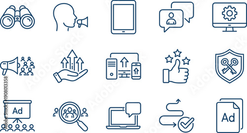 Collection of marketing, business, and digital advertising line icons, featuring promotion, growth, security, and communication tools, vector graphics.