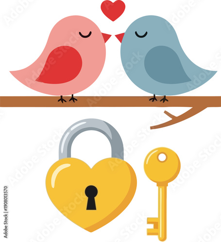 Lovebirds on branch with heart padlock and key vector illustration for Valentine's Day greeting cards, romantic wedding invitations, relationship security, and anniversary concept designs