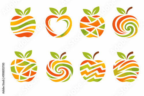Eight modern abstract apple logos with leaves, built from orange, yellow and green stripes and swirls. Minimal geometric vector icons for organic food branding, wellness and fresh produce.