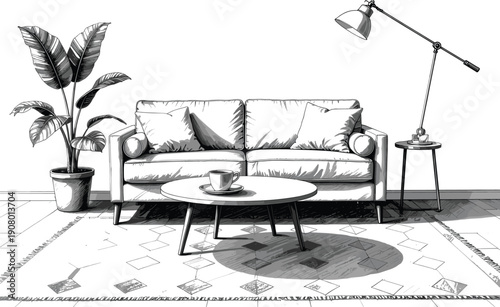 Modern living room interior sketch featuring a cozy sofa coffee table potted plant and lamp
