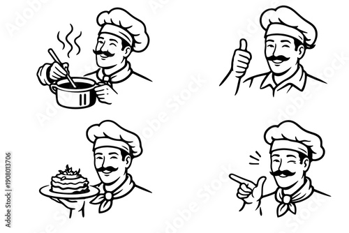Chef mascot outline set showing cooking actions: stirring soup, giving thumbs up, presenting cake and pointing. Black line vector for restaurant branding, menu, catering, bistro and cafe.
