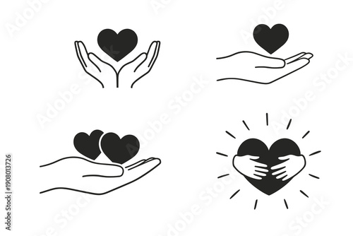 Outline hands and hearts icon pack with cupped hands, single heart, double hearts and hugging heart with rays. Concept of kindness, protection, empathy, healing and care. Support theme.
