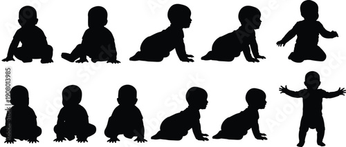 Black silhouettes of babies in various crawling and sitting positions baby white background