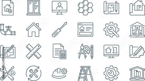 Construction, Architecture, Home Repair, and Engineering Line Icons Set, Featuring Tools, Blueprint, Window, Calculator, House Plan, and Maintenance Symbols, Vector Outline.