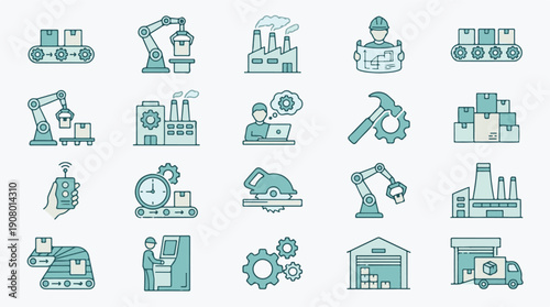 Industrial manufacturing and logistics process outline icon set