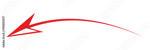 Red Curved Arrow Pointing Left Directional Icon with Sharp Tip and Arched Body Isolated on White Background for Back or Return.