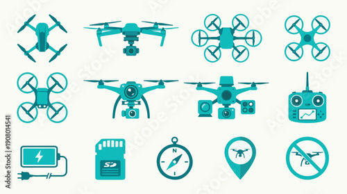 Drone technology icons set: UAVs, remote control, battery, and symbols.