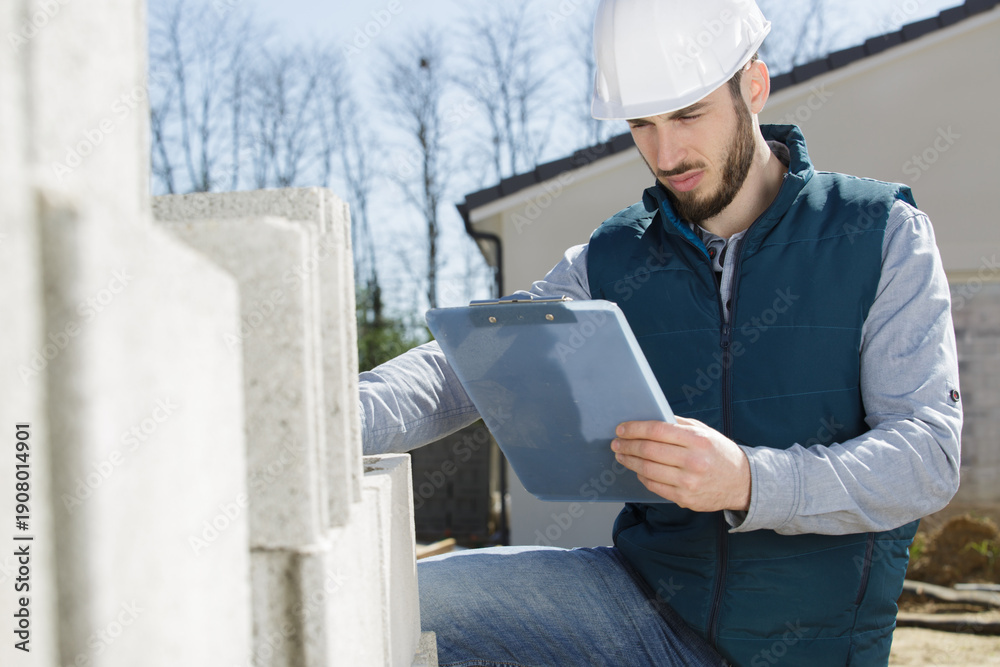 Fototapeta premium workman with clipboard checking delivery of concrete blocks