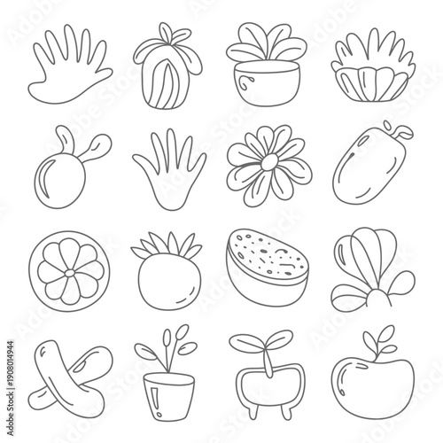 Hand drawn of plants fruits and vegetables outline