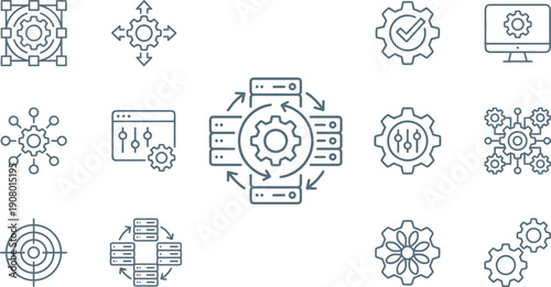 Data Server Optimization and System Setup Line Icons, Technology, Configuration, Target, Gear, and Workflow Process Vector Set