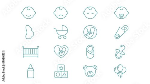 Cute baby, pregnancy, and newborn line icons set for parenting concepts